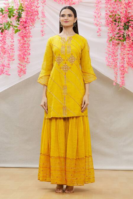 Buy_Sozenkari_Yellow Chanderi Tissue And Organza Embroidered Kurta Sharara Set _Online_at_Aza_Fashions