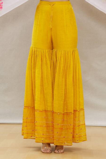 Shop_Sozenkari_Yellow Chanderi Tissue And Organza Embroidered Kurta Sharara Set _Online_at_Aza_Fashions