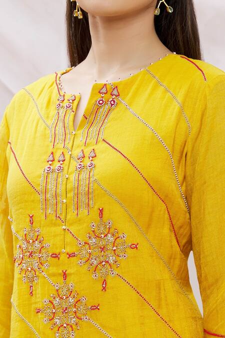 Sozenkari_Yellow Chanderi Tissue And Organza Embroidered Kurta Sharara Set _at_Aza_Fashions