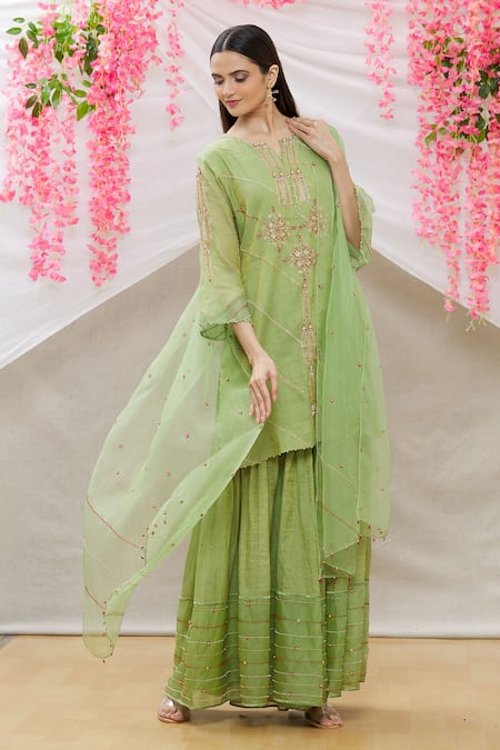 Sozenkari Green Chanderi Tissue And Organza Hand Embroidered Kurta Sharara Set 