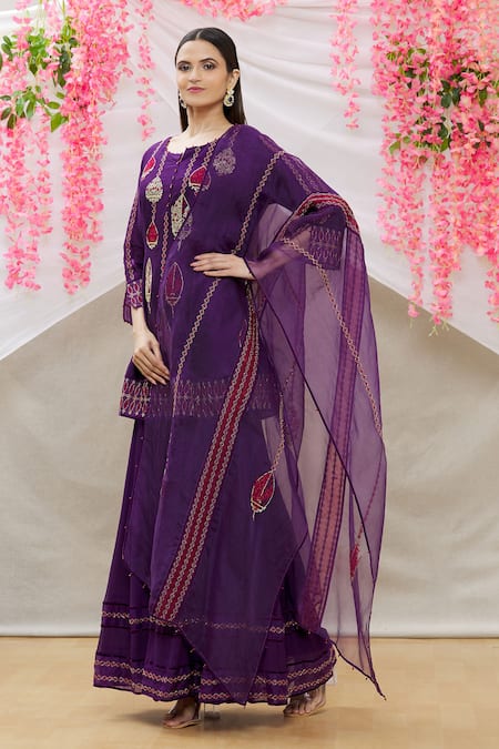 Sozenkari Purple Chanderi Tissue And Organza Hand Embroidered Kurta Sharara Set 