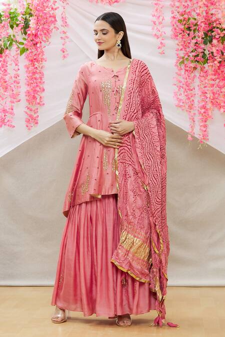 Sozenkari_Pink Pure Chanderi Tissue And Dupatta Bandhani Embroidered Anarkali Sharara Set _Online_at_Aza_Fashions