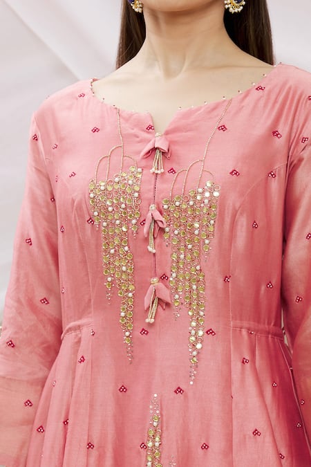 Sozenkari_Pink Pure Chanderi Tissue And Dupatta Bandhani Embroidered Anarkali Sharara Set _at_Aza_Fashions