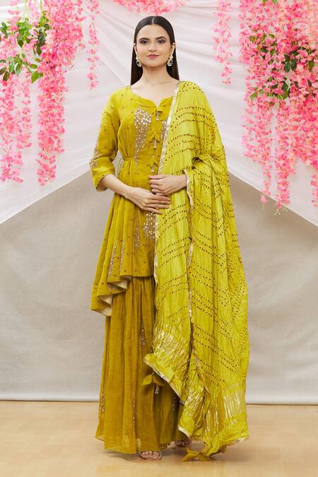 Sozenkari_Green Pure Chanderi Tissue And Dupatta Bandhani Gota, Embroidered Anarkali Set _Online_at_Aza_Fashions