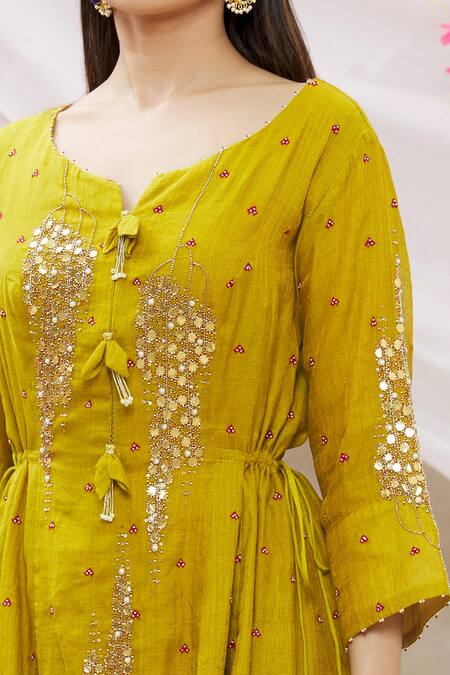 Sozenkari_Green Pure Chanderi Tissue And Dupatta Bandhani Gota, Embroidered Anarkali Set _at_Aza_Fashions