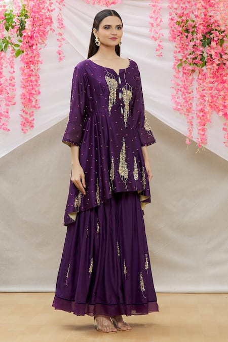 Sozenkari_Purple Chanderi Tissue And Organza Gota, Beads, Embroidered Anarkali Set _Online_at_Aza_Fashions