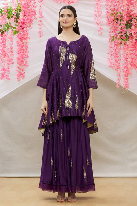 Buy_Sozenkari_Purple Chanderi Tissue And Organza Gota, Beads, Embroidered Anarkali Set _Online_at_Aza_Fashions