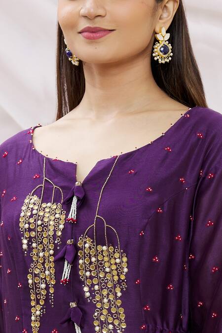 Sozenkari_Purple Chanderi Tissue And Organza Gota, Beads, Embroidered Anarkali Set _at_Aza_Fashions