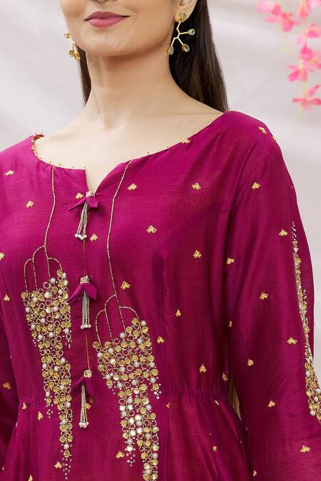 Sozenkari_Pink Pure Chanderi Tissue And Dupatta Bandhani Hand Embroidered Anarkali Set _at_Aza_Fashions