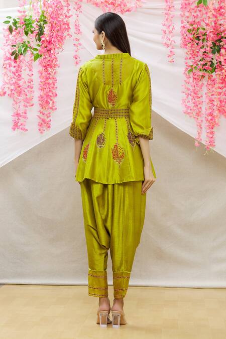 Shop Sozenkari Green Pure Chanderi Cutdana, Thread, Zardozi Embroidered Jacket And Cowl Pant Set at Aza Fashions Shop_Sozenkari_Green Pure Chanderi Cutdana, Thread, Zardozi Embroidered Jacket And Cowl Pant Set _at_Aza_Fashions