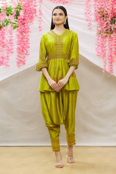 Sozenkari Green Pure Chanderi Cutdana, Thread, Zardozi Embroidered Jacket And Cowl Pant Set Online at Aza Fashions Sozenkari_Green Pure Chanderi Cutdana, Thread, Zardozi Embroidered Jacket And Cowl Pant Set _Online_at_Aza_Fashions