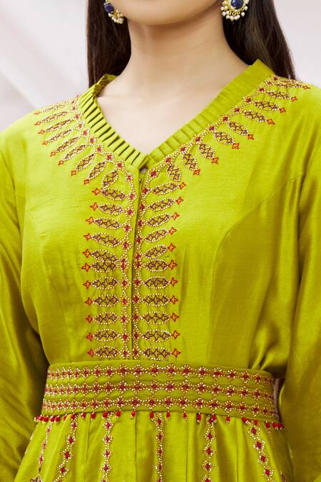 Sozenkari Green Pure Chanderi Cutdana, Thread, Zardozi Embroidered Jacket And Cowl Pant Set at Aza Fashions Sozenkari_Green Pure Chanderi Cutdana, Thread, Zardozi Embroidered Jacket And Cowl Pant Set _at_Aza_Fashions