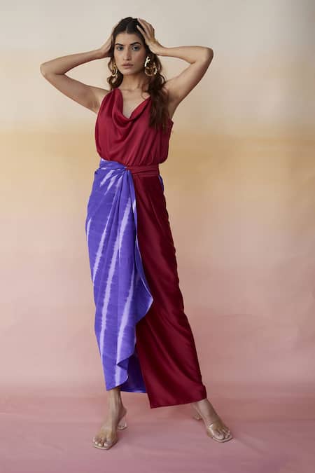 Aapro Red Modal And Cotton Leheriya Cowl Jaipur Wrap Dress