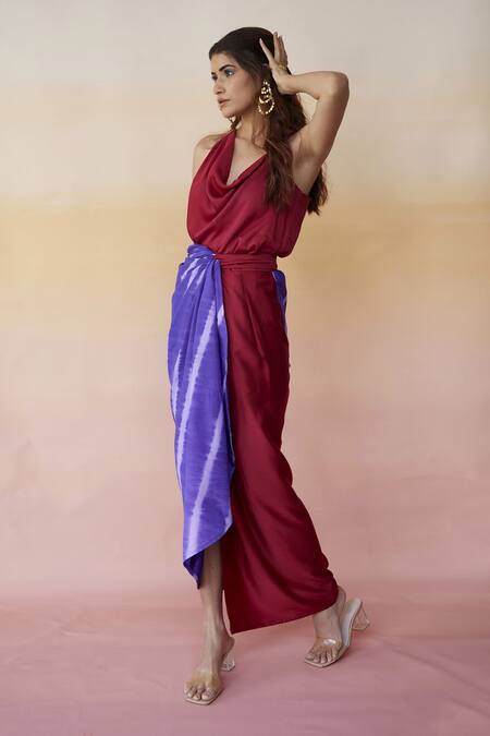 Aapro_Red Modal And Cotton Leheriya Cowl Jaipur Wrap Dress _Online_at_Aza_Fashions