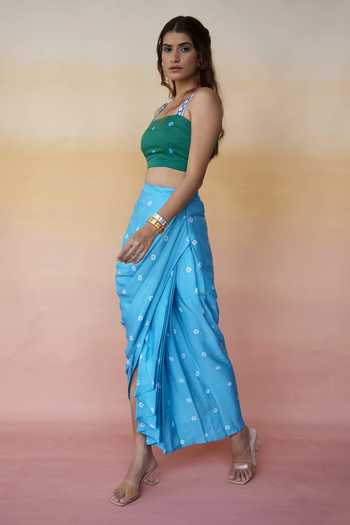 Aapro_Blue Modal Bandhej Print Square Neck Vienna Crop Top And Skirt Set _Online_at_Aza_Fashions