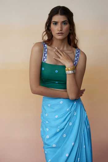 Shop_Aapro_Blue Modal Bandhej Print Square Neck Vienna Crop Top And Skirt Set _Online_at_Aza_Fashions
