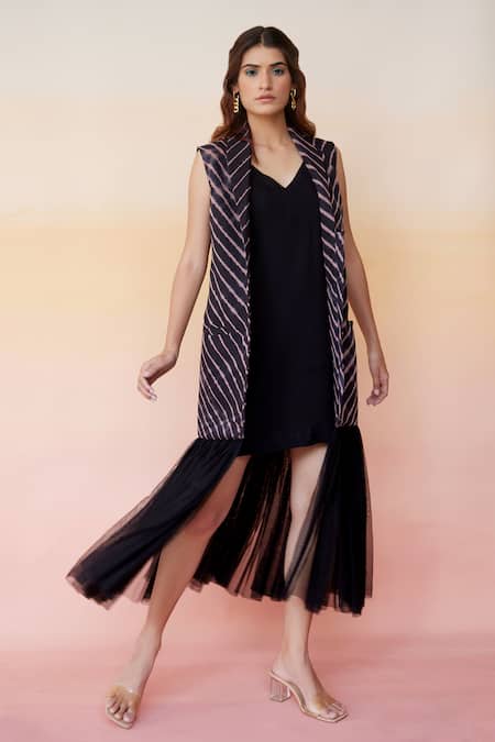 Aapro Black Kota Doria Leheriya Collared Neck Beijing Print Jacket