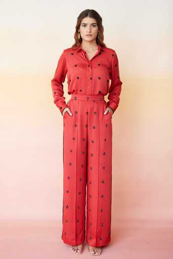 Buy_Aapro_Red Modal Bandhej Print Spread Collar Moscow Shirt And Pant Set _Online_at_Aza_Fashions