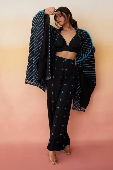 Aapro_Black Modal Bandhej And Leheriya Print Jacket Lapel Collar & Bangkok & Pant Set_Online_at_Aza_Fashions