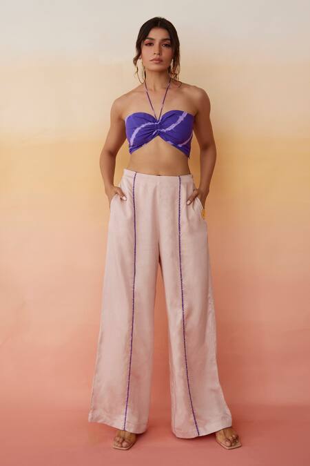 Buy_Aapro_Beige Modal And Cotton Leheriya Halter Cologne Bustier Top & Pant Set_Online_at_Aza_Fashions