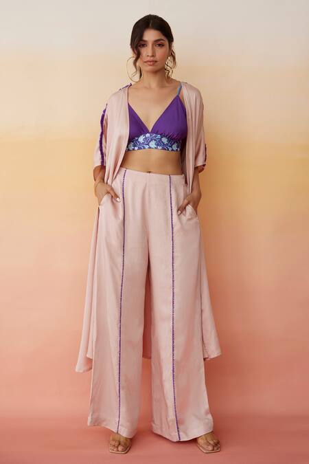 Aapro_Beige Modal Block Print V Neck Nashville Jacket And Pant Set_Online_at_Aza_Fashions