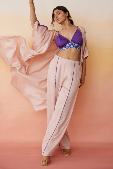 Buy_Aapro_Beige Modal Block Print V Neck Nashville Jacket And Pant Set_Online_at_Aza_Fashions