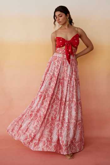 Aapro_Red Modal Bandhej And Block Print Sweetheart Santorini Crop Top & Skirt Set _Online_at_Aza_Fashions