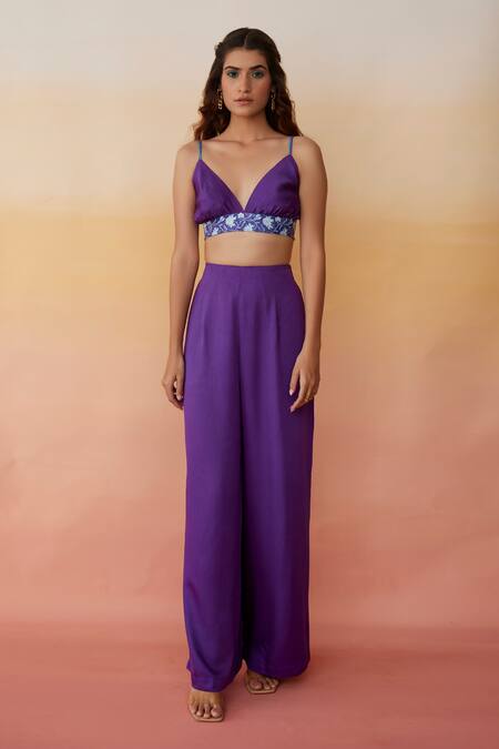 Aapro_Purple Modal Block Print V Neck San Diego Crop Top And Pant Set_Online_at_Aza_Fashions