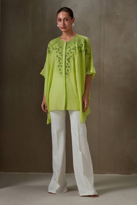 Namrata Joshipura_Green Textured Georgette Embroidery Thread And Sequin Trellis Kaftan Top _Online_at_Aza_Fashions
