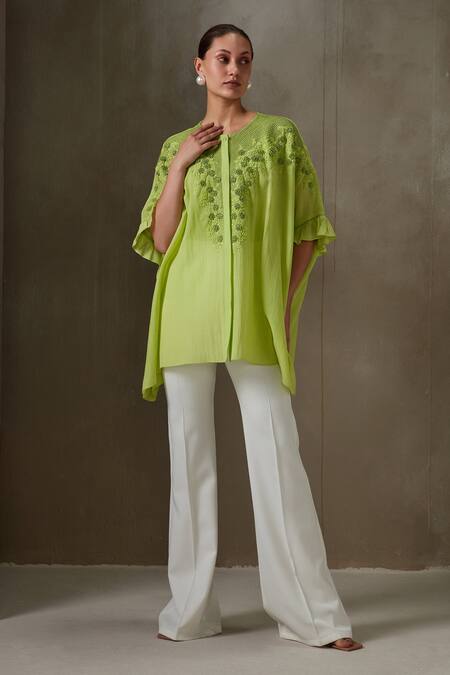 Buy_Namrata Joshipura_Green Textured Georgette Embroidery Thread And Sequin Trellis Kaftan Top _Online_at_Aza_Fashions