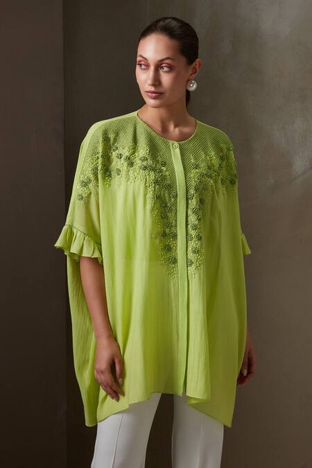 Shop_Namrata Joshipura_Green Textured Georgette Embroidery Thread And Sequin Trellis Kaftan Top _Online_at_Aza_Fashions
