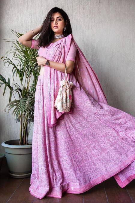 Iktaar By Meena_Pink Outer Georgette And Blouse & Dupatta Georgette, Chikankari Lehenga Set _Online_at_Aza_Fashions