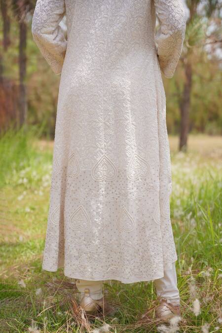 Iktaar By Meena_White Georgette And Crepe Sequin, Pearl & Beads Notched Chikankari Anarkali Set _at_Aza_Fashions