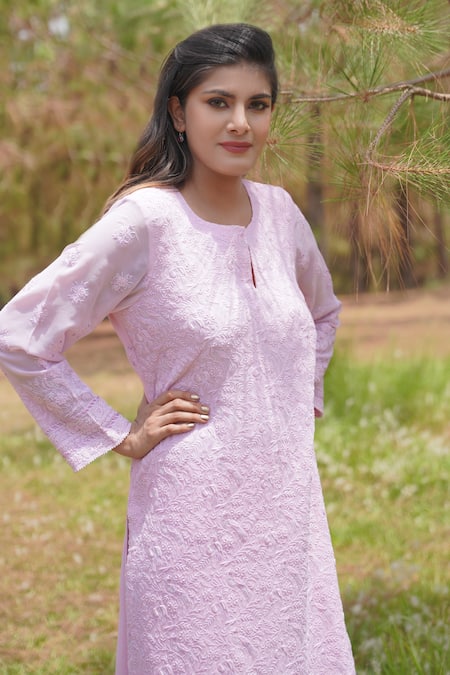 Iktaar By Meena_Pink Georgette And Crepe Sequin & Beads Notched Chikankari Kurta Churidar Set _Online_at_Aza_Fashions