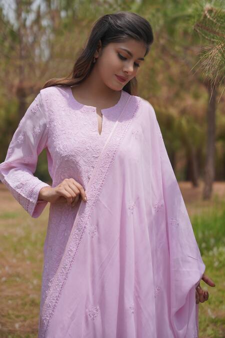 Buy_Iktaar By Meena_Pink Georgette And Crepe Sequin & Beads Notched Chikankari Kurta Churidar Set _Online_at_Aza_Fashions