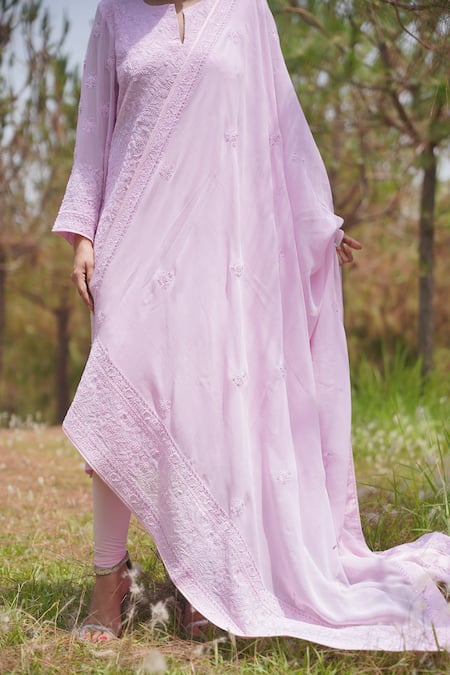 Shop_Iktaar By Meena_Pink Georgette And Crepe Sequin & Beads Notched Chikankari Kurta Churidar Set _Online_at_Aza_Fashions