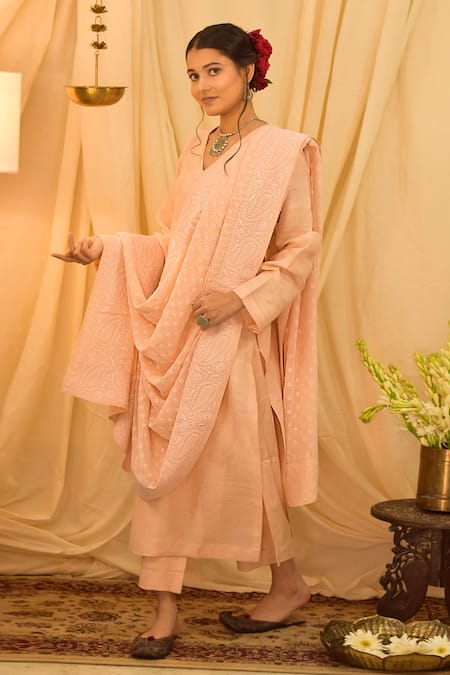 Iktaar by Meena - Peach Georgette And Silk Embroidery Sequin & Straight  Kurta Pant Set For Women