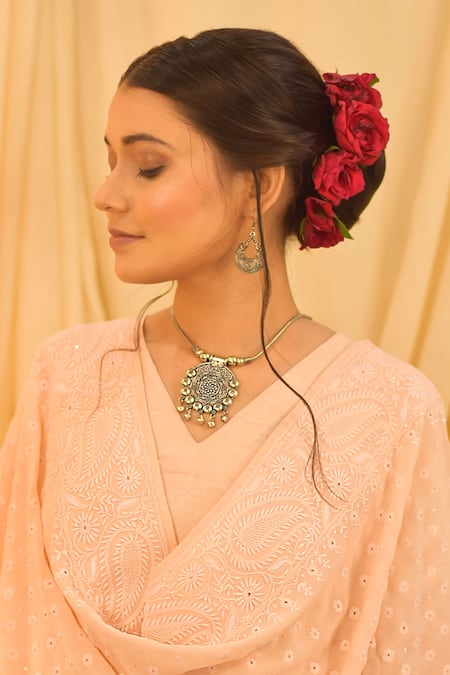 Buy_Iktaar By Meena_Peach Georgette And Silk Sequin & Beads V Neck Straight Kurta Pant Set _Online_at_Aza_Fashions