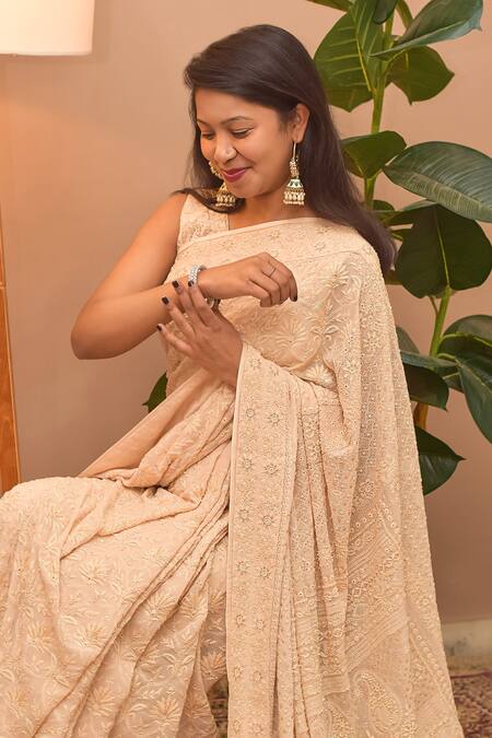 Beige Chikankari Sequins Lucknowi Weaving Cotton Silk Saree - Shaaola.com