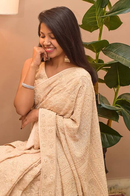 Buy_Iktaar By Meena_Beige Blouse Silk And Underskirt Satin Silk, Saree Chiffon Floral Chikankari _Online_at_Aza_Fashions