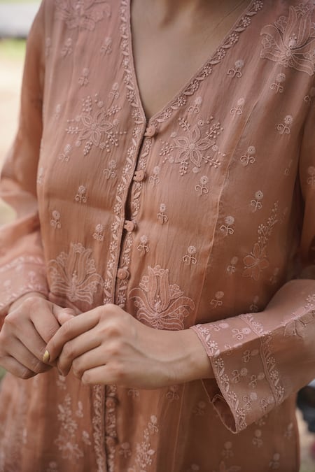 Buy_Iktaar By Meena_Pink Satin And Tissue Chikankari Jacket Style Kurta & Pant Set _Online_at_Aza_Fashions