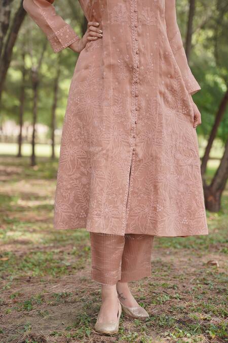 Iktaar By Meena_Pink Satin And Tissue Chikankari Jacket Style Kurta & Pant Set _at_Aza_Fashions