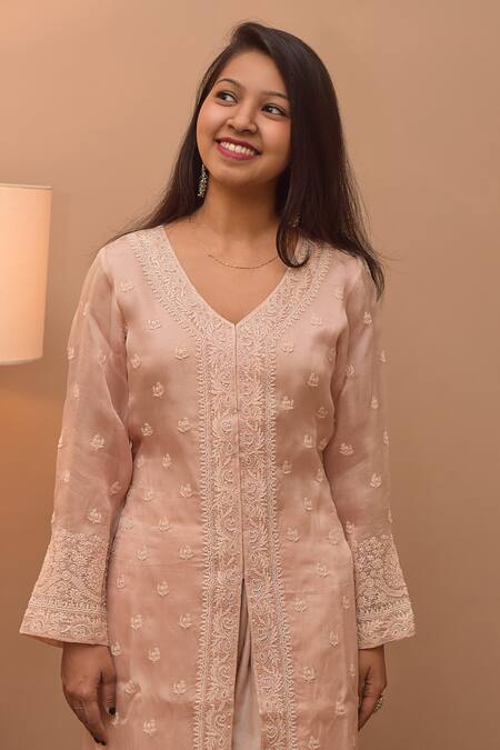 Iktaar By Meena_Pink Satin And Tissue Chikankari Jacket Style Kurta & Pant Set _Online_at_Aza_Fashions