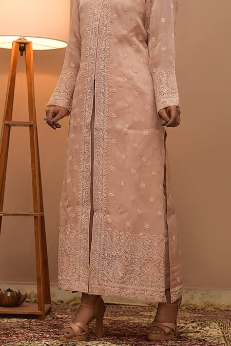 Buy_Iktaar By Meena_Pink Satin And Tissue Chikankari Jacket Style Kurta & Pant Set _Online_at_Aza_Fashions