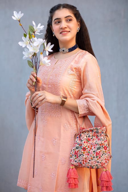 Iktaar By Meena_Peach Chanderi And Cotton Silk Sequin & Beads Notched Kurta Pant Set _Online_at_Aza_Fashions