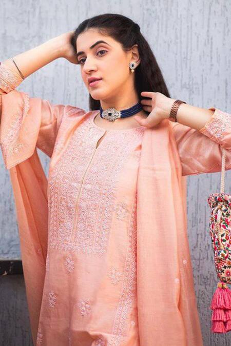 Buy_Iktaar By Meena_Peach Chanderi And Cotton Silk Sequin & Beads Notched Kurta Pant Set _Online_at_Aza_Fashions