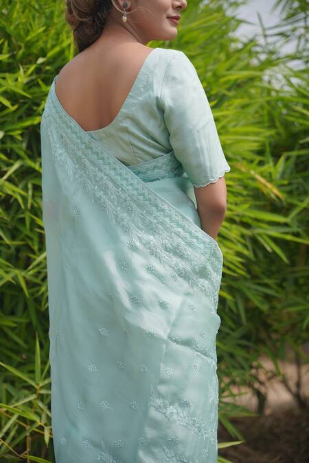 Iktaar By Meena_Blue Blouse Silk And Underskirt Silk, Saree Floral Chikankari _Online_at_Aza_Fashions