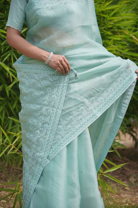Buy_Iktaar By Meena_Blue Blouse Silk And Underskirt Silk, Saree Floral Chikankari _Online_at_Aza_Fashions