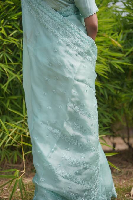 Shop_Iktaar By Meena_Blue Blouse Silk And Underskirt Silk, Saree Floral Chikankari _Online_at_Aza_Fashions