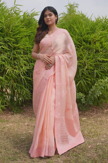 Iktaar By Meena_Pink Blouse Silk And Underskirt Silk, Saree Floral Chikankari _Online_at_Aza_Fashions